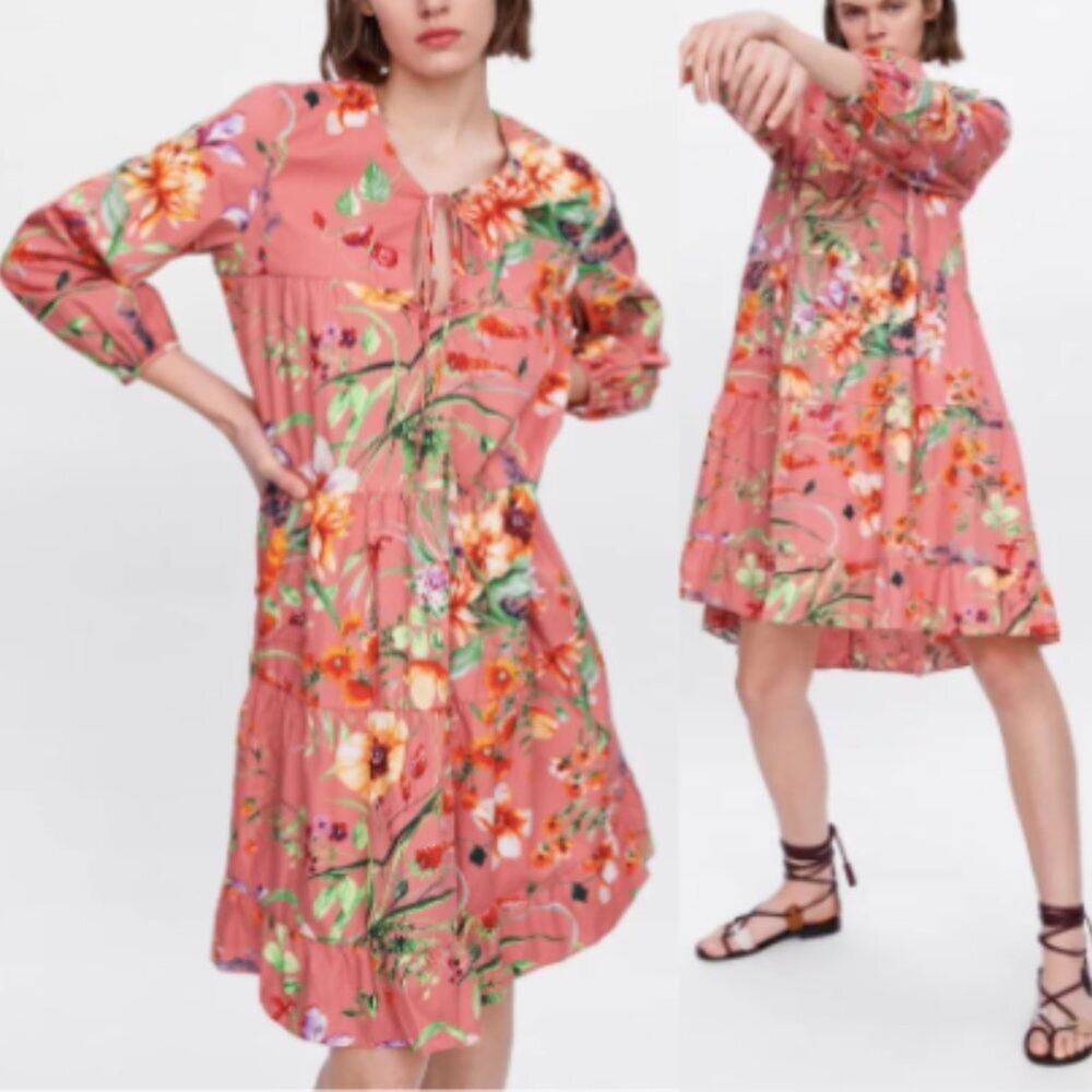 Zara Pink Tiered Floral Print Long Sleeve Dressl